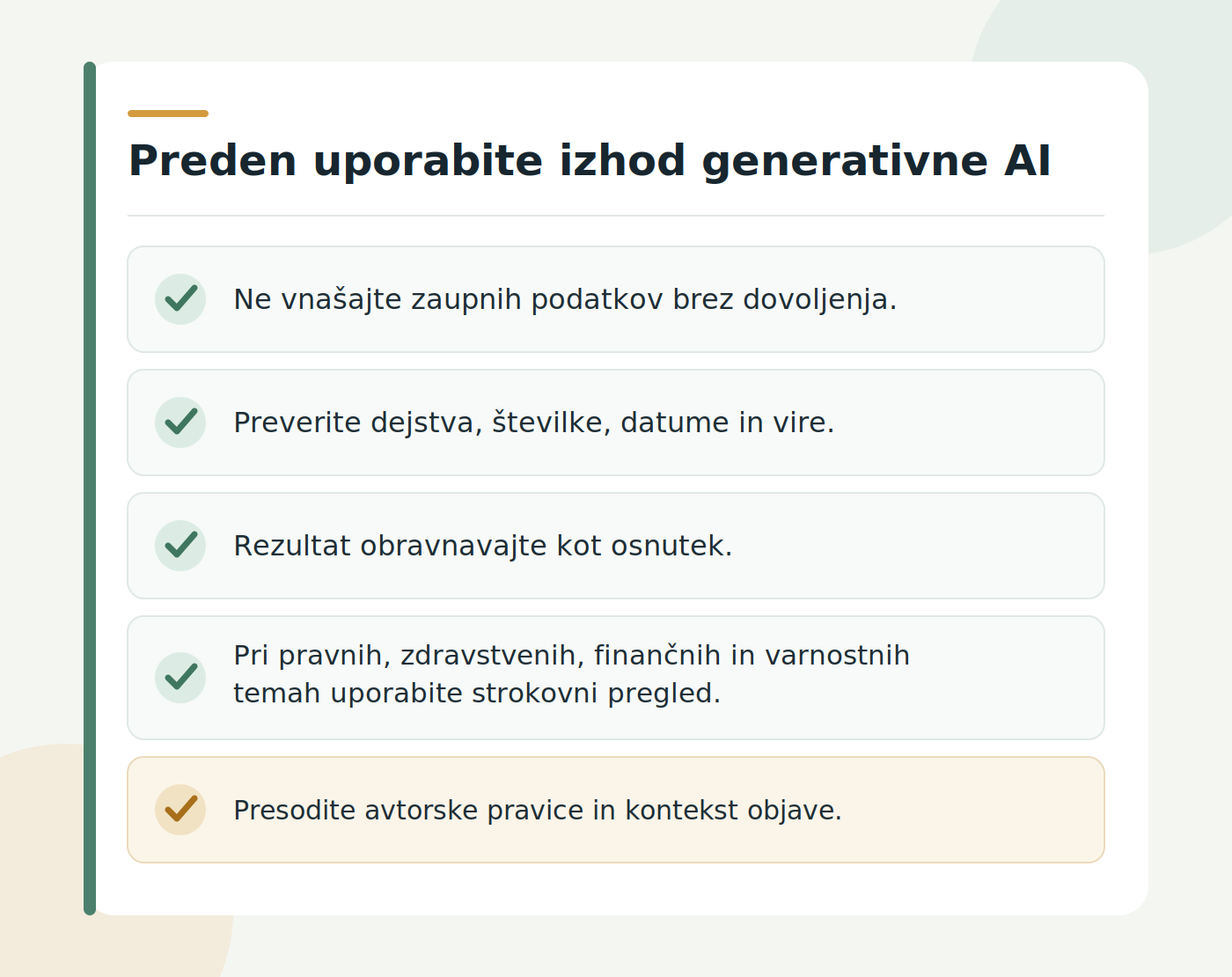 Checklist kartica povzema previdnostna pravila za uporabo izhodov generativne AI.