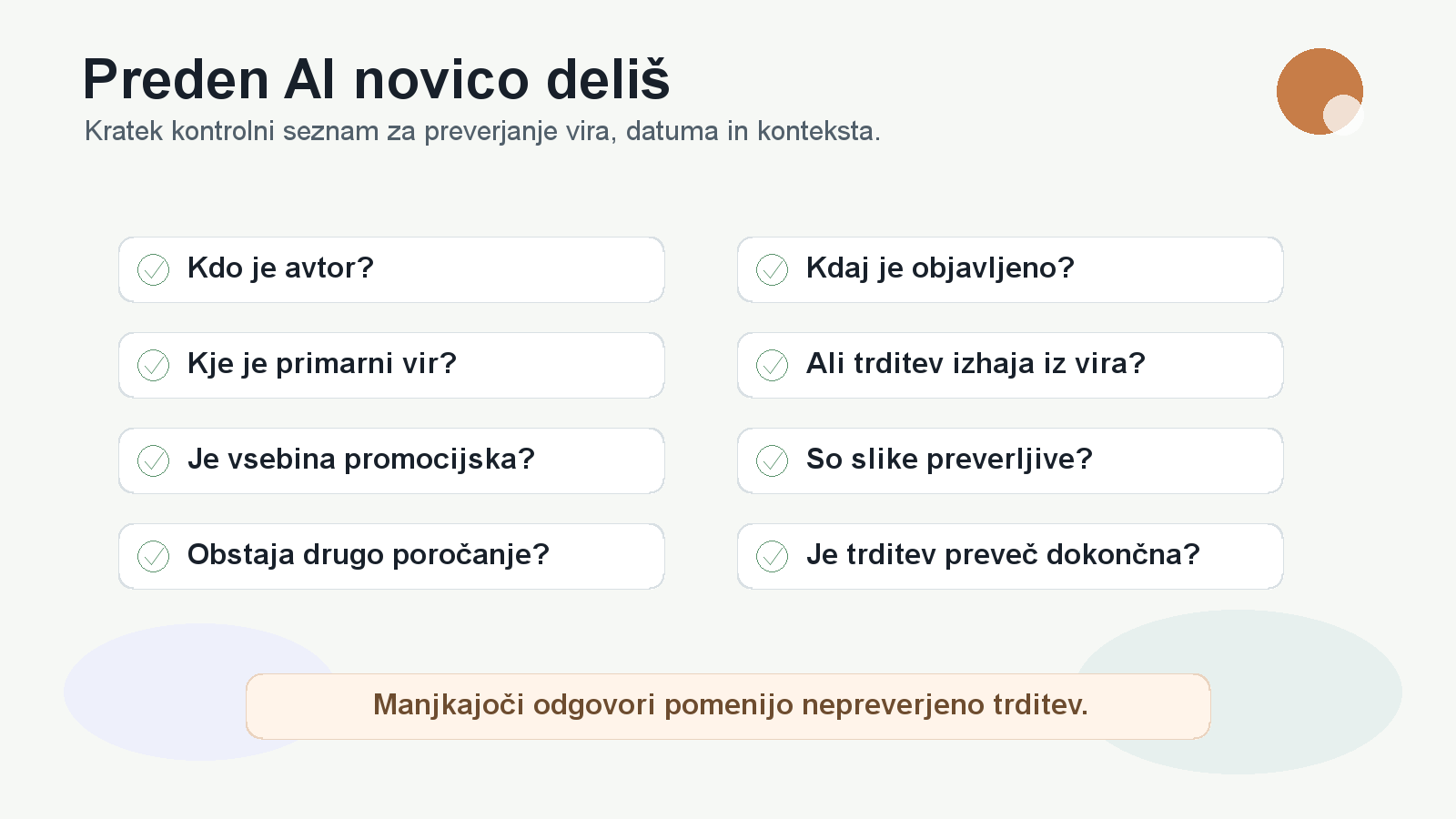 Kontrolni seznam prikazuje vprašanja za preverjanje AI novice pred deljenjem, od avtorja in datuma do primarnega vira in slik.